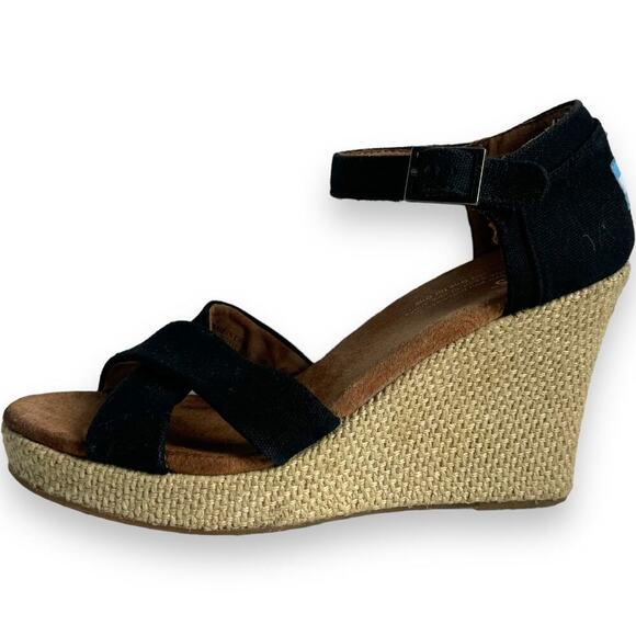TOMS Black Canvas Open Toe Ankle Strap Wedge Heel Espadrille Sandals Size 8.5 - Picture 2 of 9